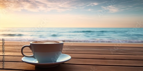 Outdoor Escape. Nature's Bliss with a Hot Coffee Cup on Wooden Table