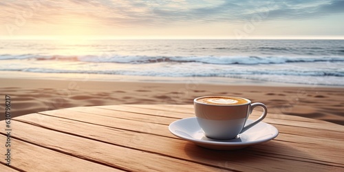 Outdoor Escape. Nature's Bliss with a Hot Coffee Cup on Wooden Table