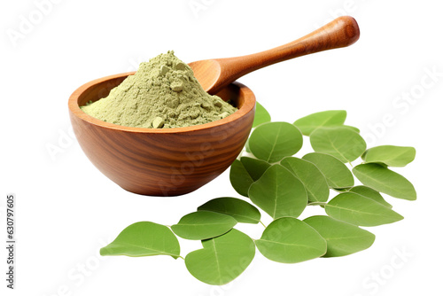 Moringa oleifera powder in wooden bowl and spoon, with Moringa oleifera leaves around isolated on white background