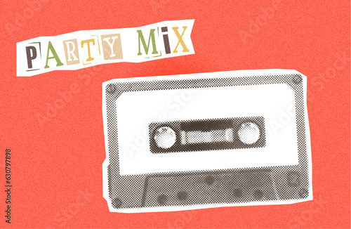Retro halftone audio cassette. Party mix. Vector illustration of vintage 