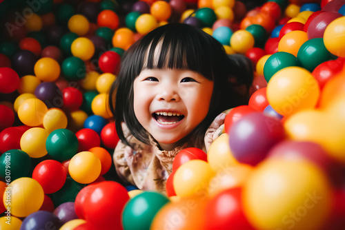 funny little kids playing in ball and enjoying time in children entertainment and play area. Smiling little baby kid girl lying on multi colored plastic balls center. Generative AI. © Surachetsh