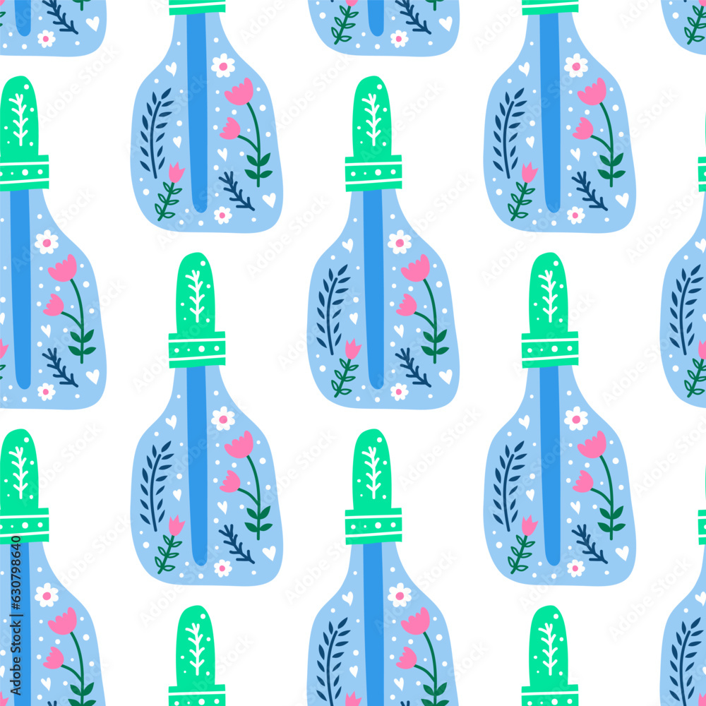 Fototapeta premium Seamless pattern with bottles and Scandinavian ornament.