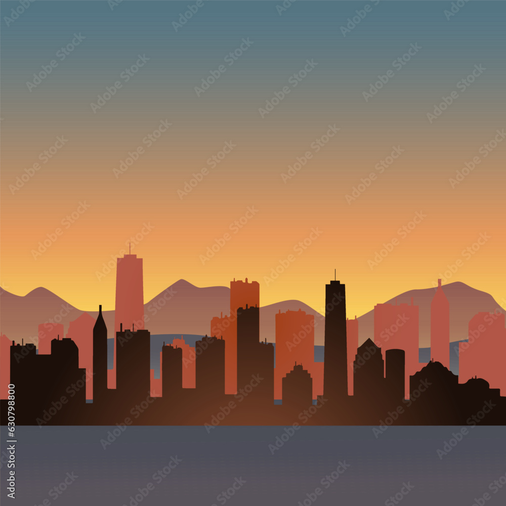 Vector illustration of a sprawling cityscape at sunset, with mountains in the distance