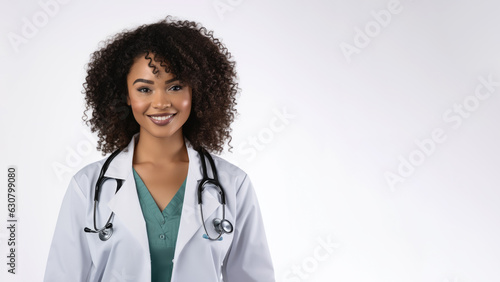 Smiling afro-american doctor wearing medical clothing stethoscope, professional nurse in hospital