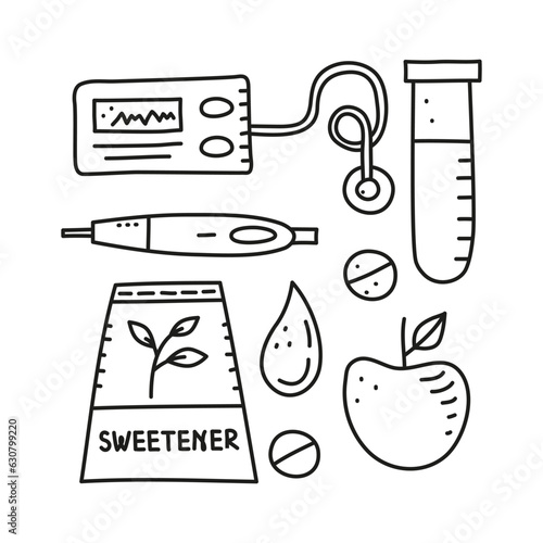 Set of doodle outline diabetes items.