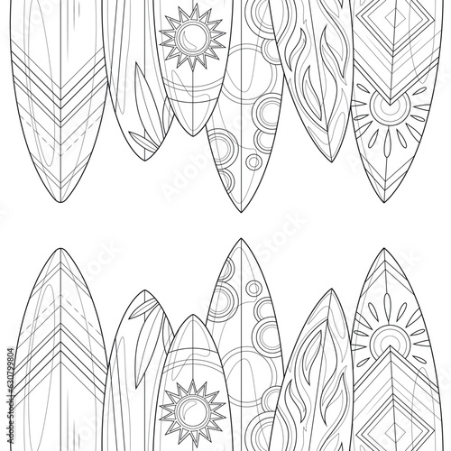 Frame with surf boards.Coloring book antistress for children and adults. Illustration isolated on white background.Zen-tangle style. Hand draw