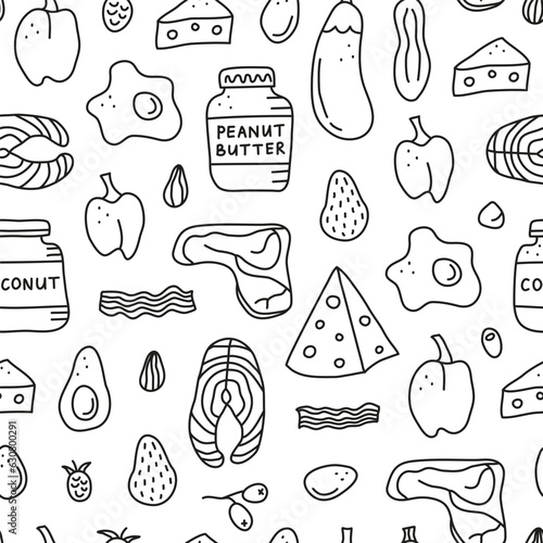 Seamless pattern with doodle ketogenic foods.