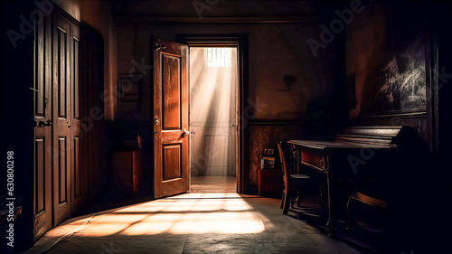 A dark room  the doorway is illuminated by backlight  rays of light. Generative AI technology.