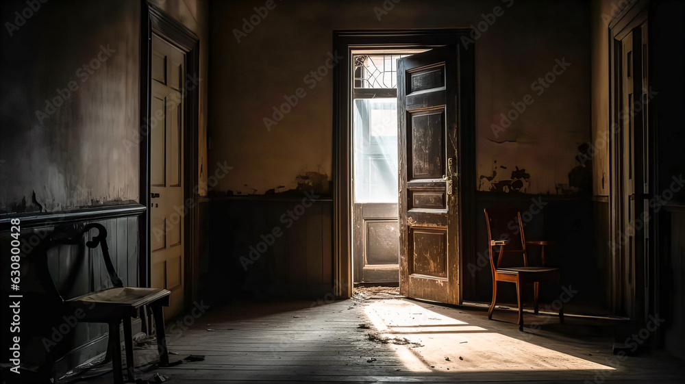 A dark room, the doorway is illuminated by backlight, rays of light. Generative AI technology. A dark room, the doorway is illuminated by backlight, rays of light. Generative AI technology.