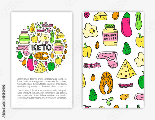 Card templates with doodle ketogenic foods.