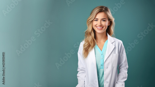 Smiling blonde doctor clinic wearing medical clothes, professional nurse in uniform in hospital