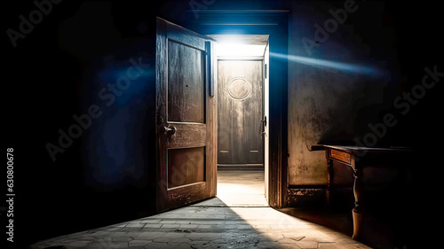 A dark room, the doorway is illuminated by backlight, rays of light. Generative AI technology.