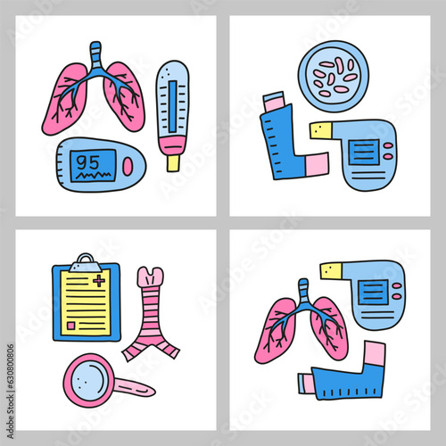 Groups of doodle colored pulmonology items.