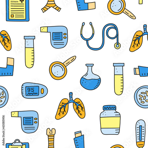 Seamless pattern with doodle pulmonology items.