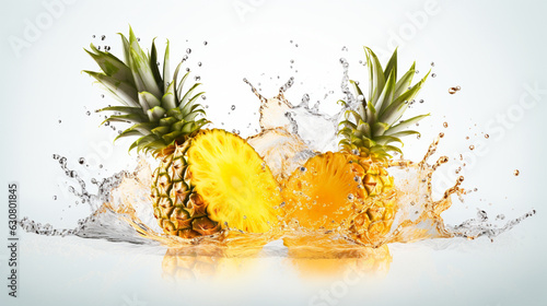 Fresh juicy pineapple fruit with water splash isolated on background, healthy tropical fruit © AlexCaelus