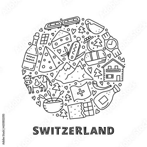Doodle Switzerland travel icons in circle.