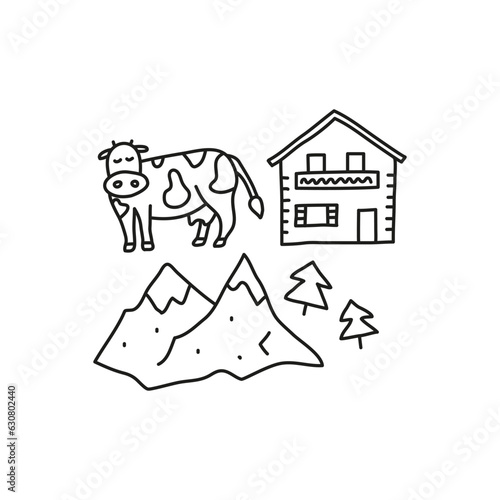 Doodle Alpine mountains, fir trees, cow and house.