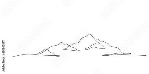 Continuous line drawing of mountain range landscape background. One single line pen drawing of mountain panoramic view. Line art style illustration of nature. Vector simple linear style. Handdrawn