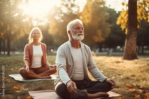 Calm elderly couple enjoys a refreshing yoga class under the sun in the park on a summer morning.
