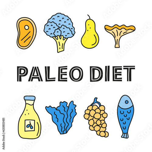 Poster with lettering paleo diet and doodle foods.