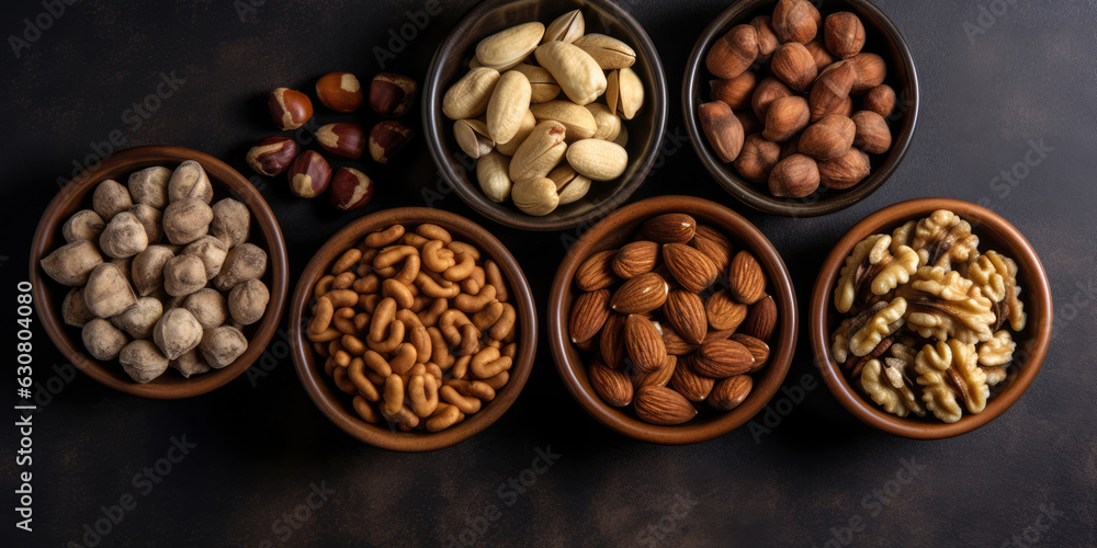 Mix of different kinds of nuts on plates.almonds, hazelnuts, walnuts, brazil nuts on dark background. Top view, flat lay. Copy space. Healthy food composition.Generative ai Mix of different kinds of nuts on plates.almonds, hazelnuts, walnuts, brazil nuts on dark background. Top view, flat lay. Copy space. Healthy food composition.Generative ai
