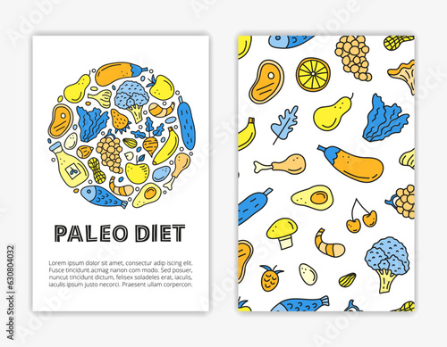 Card templates with doodle paleolithic foods.