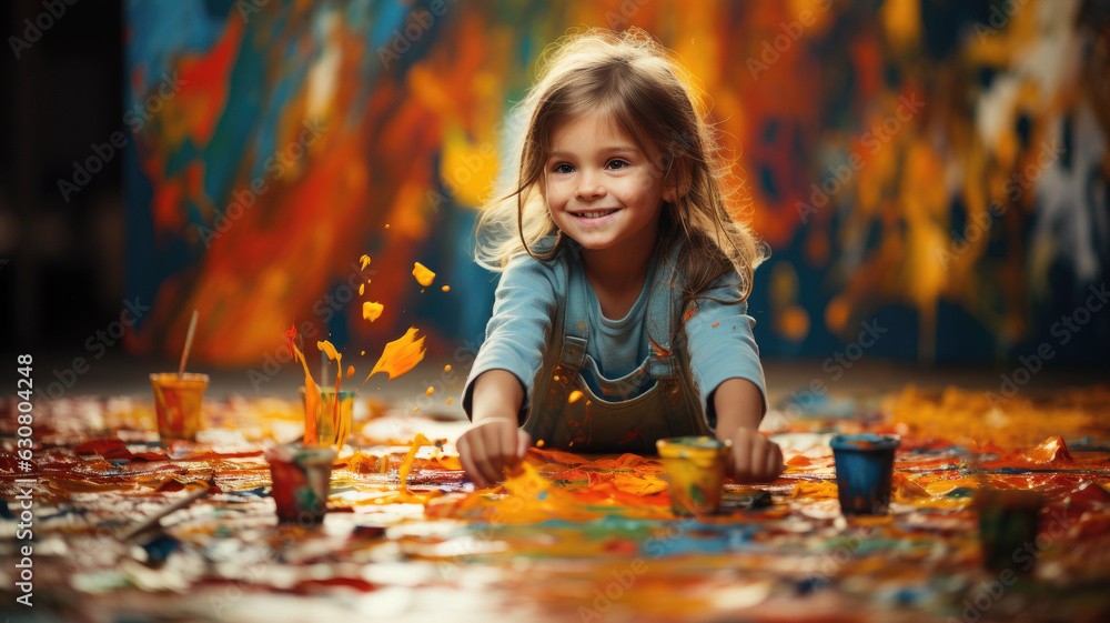 An adorable little girl grinning widely, her hands covered in bright, multicolored paint, symbolizing childhood creativity. An adorable little girl grinning widely, her hands covered in bright, multicolored paint, symbolizing childhood creativity.