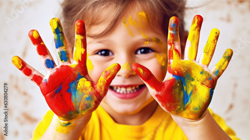 An adorable little girl grinning widely  her hands covered in bright  multicolored paint  symbolizing childhood creativity.