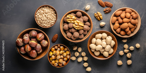 Mix of different kinds of nuts on plates.almonds, hazelnuts, walnuts, brazil nuts on dark background. Top view, flat lay. Copy space. Healthy food composition.Generative ai