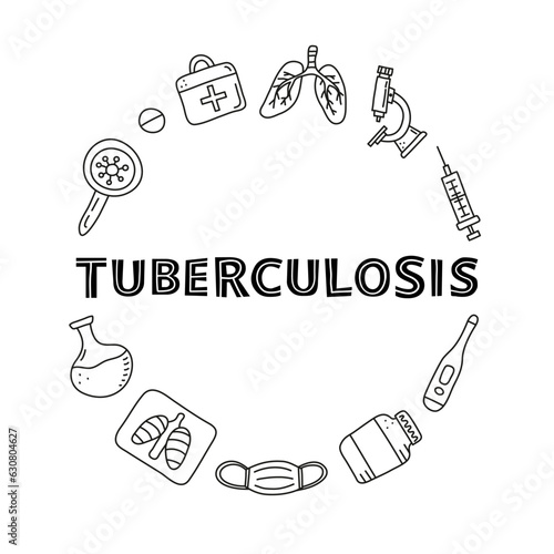 Doodle outline tuberculosis items in circle.