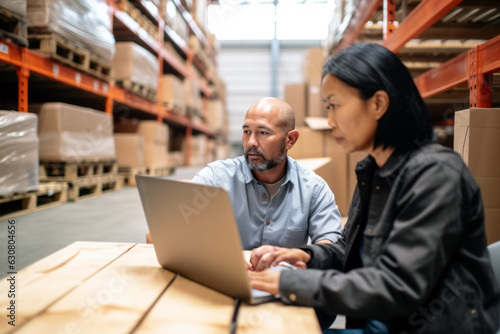 Warehouse managers immersed in work on a laptop, efficiently coordinating logistics, shipping, and inventory for business fulfillment.