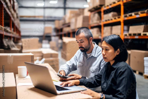 Warehouse managers immersed in work on a laptop, efficiently coordinating logistics, shipping, and inventory for business fulfillment.