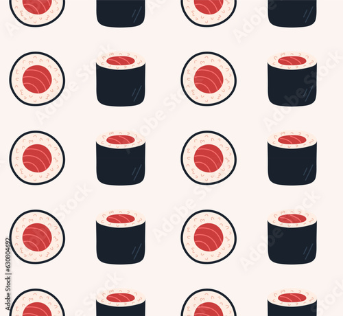 Sushi seamless pattern. Maguro maki. Japanese food background. Vector illustration for menu, restaurant, delivery, cafe.