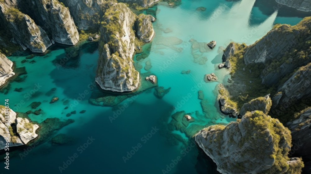 An aerial view of a body of water surrounded by rocks