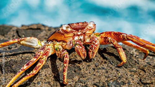 a crab sitting on top of a rock by the ocean