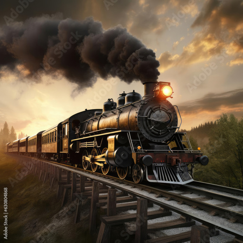 The steam train travels in the evening
