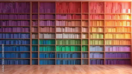 Bookshelves with books organized by colors.