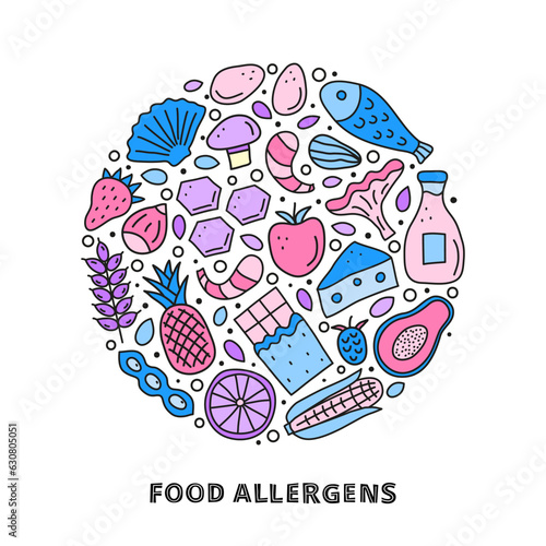 Doodle colored food allergens in circle.
