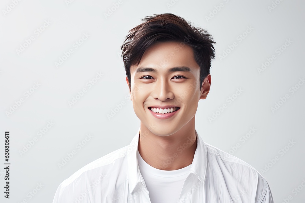 Radiant and cheerful Asian young man showcasing a warm smile against a clean, white background Radiant and cheerful Asian young man showcasing a warm smile against a clean, white background