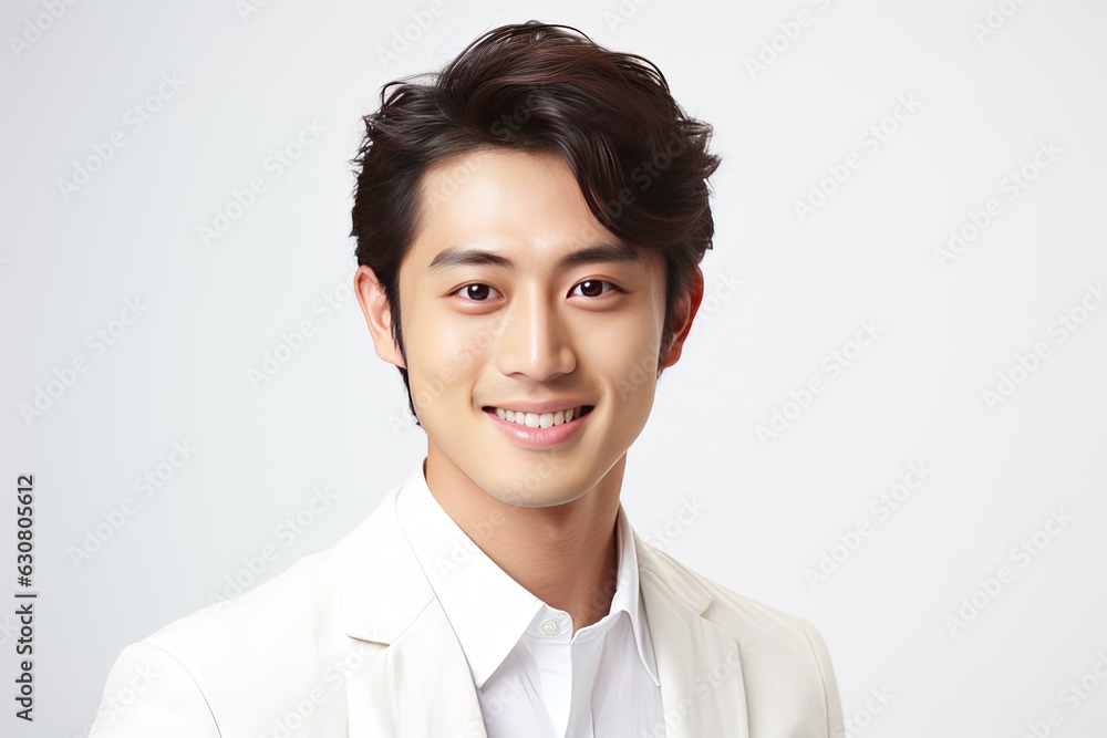 Radiant and cheerful Asian young man showcasing a warm smile against a clean, white background