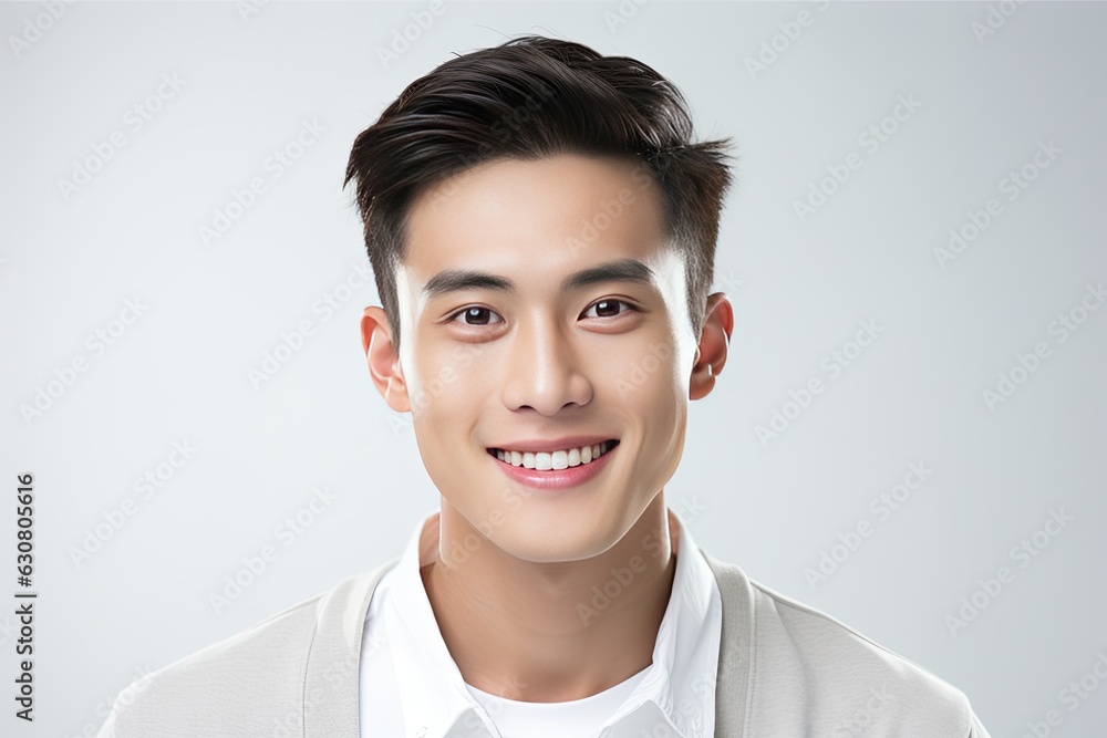Radiant and cheerful Asian young man showcasing a warm smile against a clean, white background Radiant and cheerful Asian young man showcasing a warm smile against a clean, white background