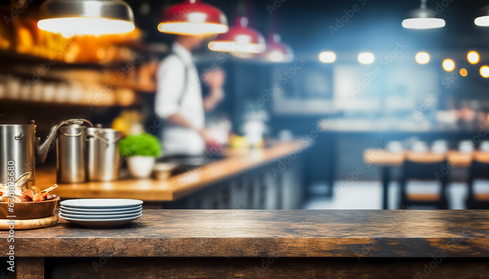 Professional restaurant kitchen with blurred cook on backdrop. Indoor background.