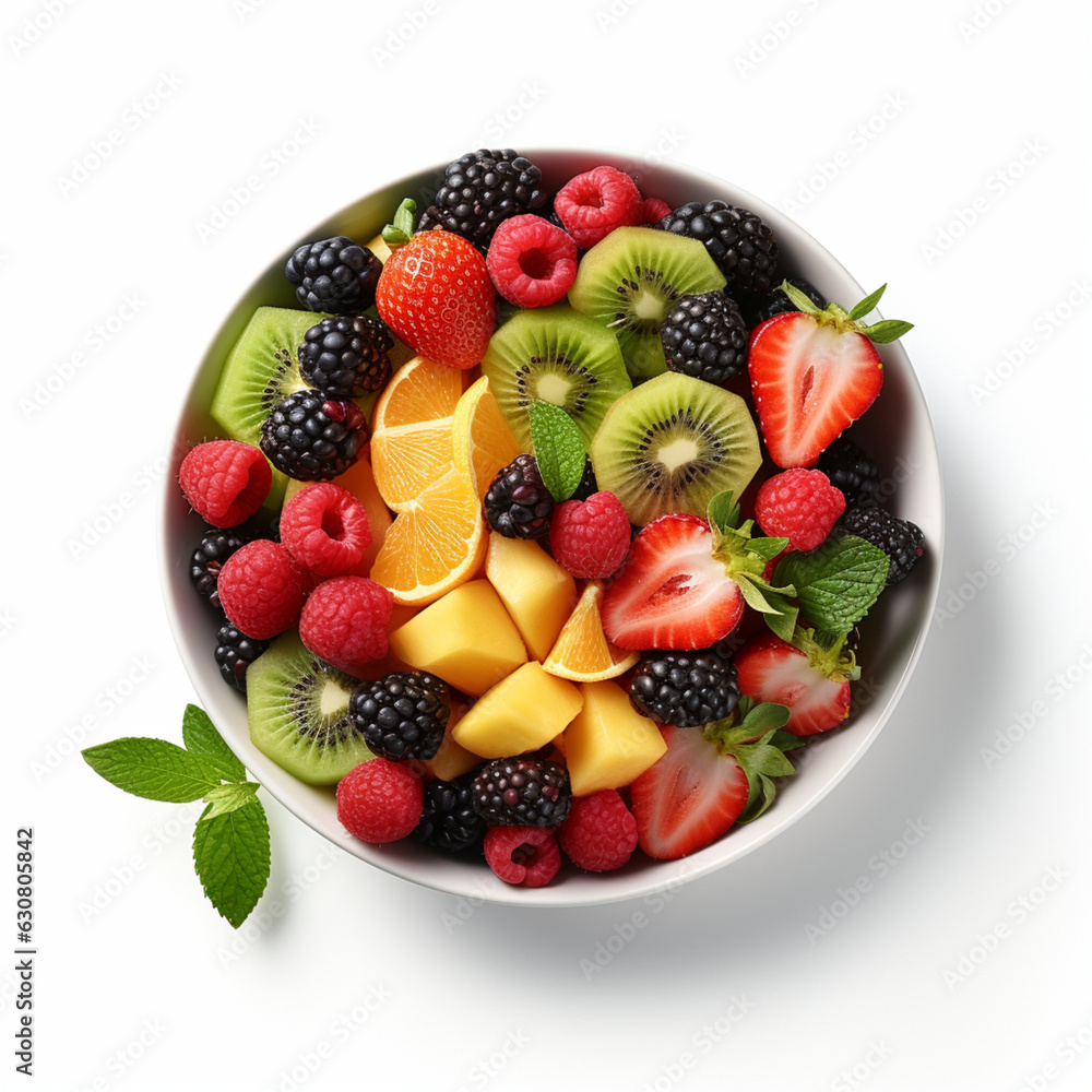Obraz premium bowl of healthy fresh fruit salad, close up of a colorful Mixed tropical fruit, Copy space