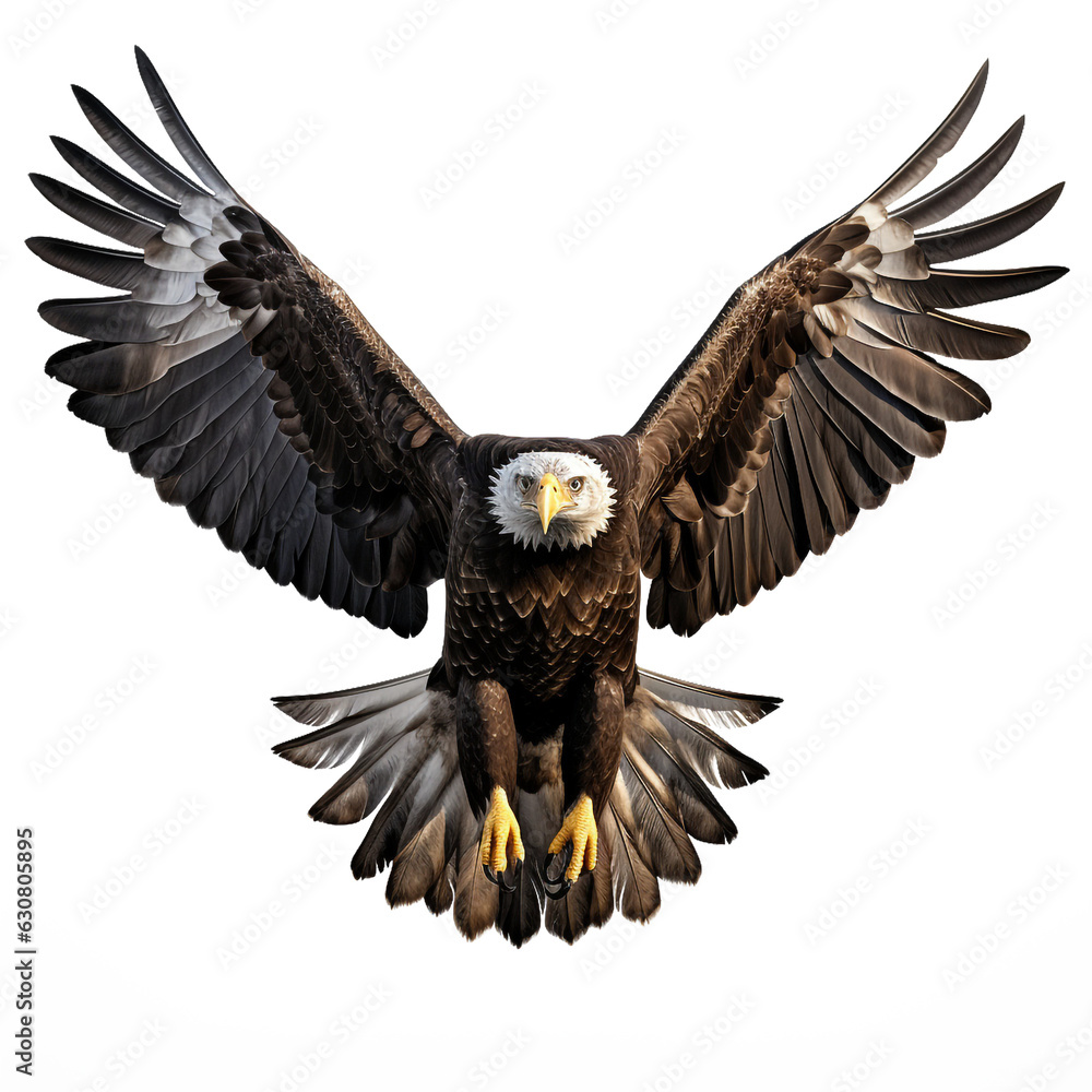 Obraz premium real bald eagle, wings spread wide, front facing, flying, transparent background made with AI generative technology