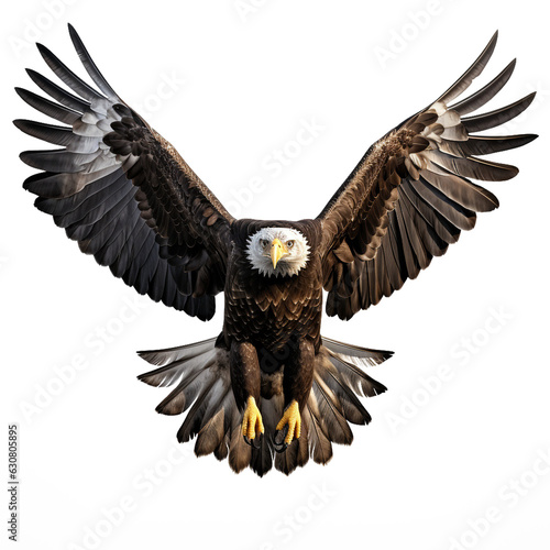 real bald eagle, wings spread wide, front facing, flying, transparent background made with AI generative technology