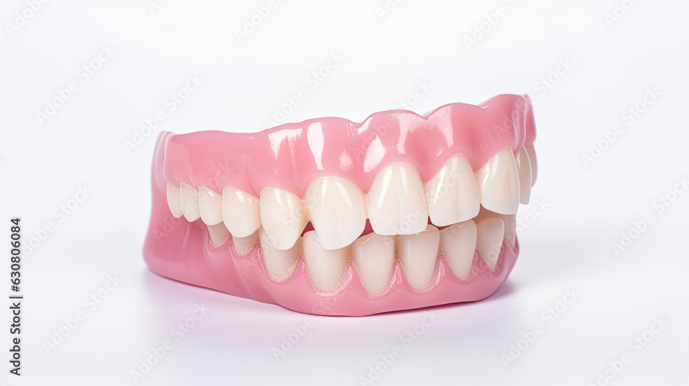 Obraz premium A side view of Dentures or false teeth isolate on a white background. Aesthetic Dentistry of denture. Generative Ai