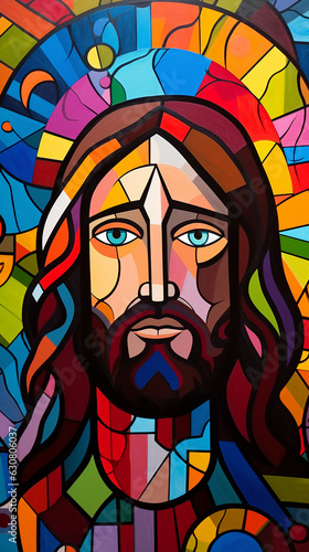 jesus cristo salvador, simbolo da fé cristã em arte colorida estilo cubismo 