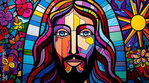 jesus cristo salvador, simbolo da fé cristã em arte colorida estilo cubismo 