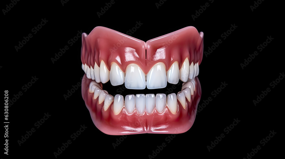 Naklejka premium Aesthetic Dentistry of denture. Front view of complete denture isolate on a black background. Generative Ai