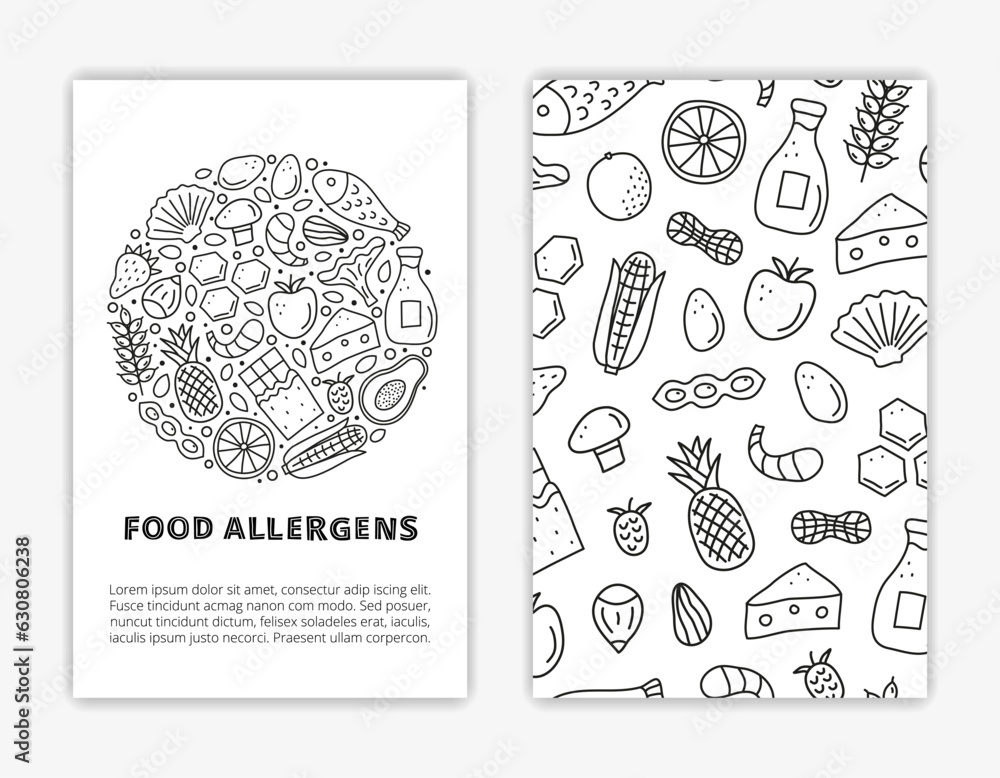 Card templates with doodle outline food allergens